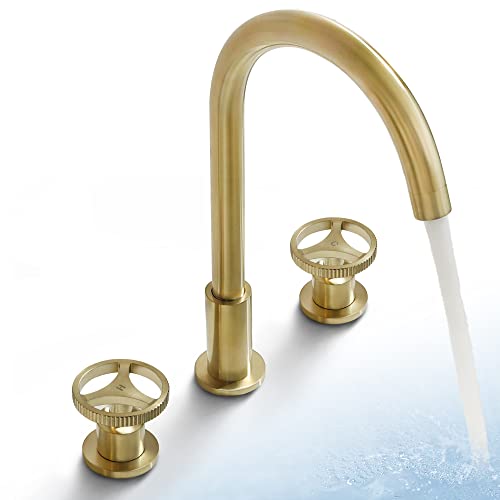 Bathroom Faucets Widespread Two Handle Vanity Faucet Deck Mount Bathroom Faucet 3 Hole Modern Gooseneck Bathroom Sink Faucet Spout Brushed Gold