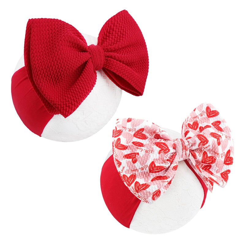 ONENINEDREAM 6'' Large Valentines Day Bow Headbands for Baby Girls Soft Nylon Hairbands with Bows Valentines Hair Accessories for Infants KidsRed Light Pink Heart - Image 1
