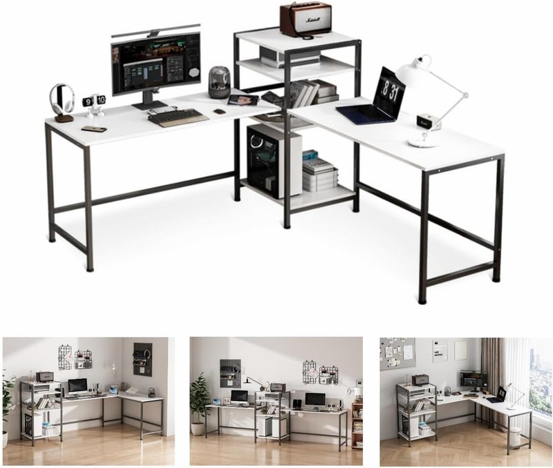 JOYSEUS Extra Long Computer Desk for Two People, with Bookshelf, L-Shape Design, Large Office Desk Study Table with CPU Stand and Storage Shelves, Adjustable Feet (white) - Image 3