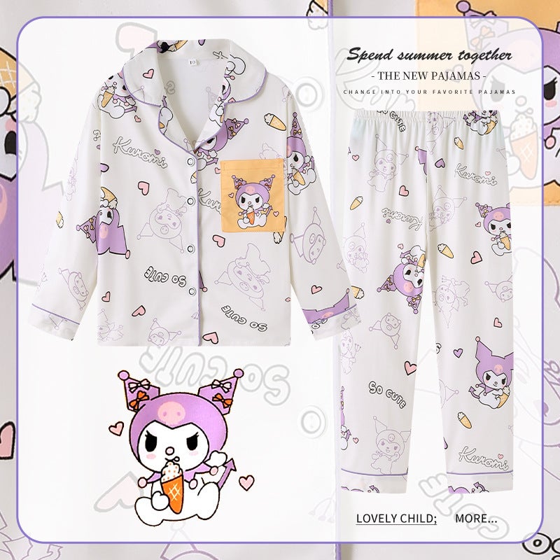 Middle East Girls' Pajamas Long Sleeve Cardigan Lapel Little Girl Baby Cartoon Mid-Big Boy Air Conditioning Home Clothes - Image 3