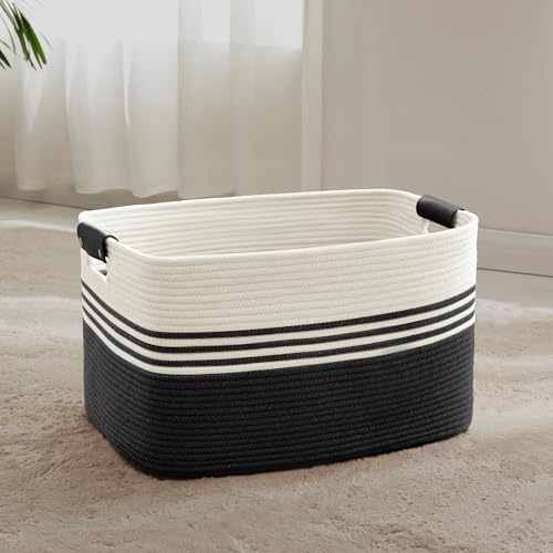 SunNewt 60L Large Laundry Basket with Leather Handles for Living Room Storage, Woven Rope Baskets Bin for Blanket, Kids Toy, Gifts, Wicker Hamper for Bedroom Dirty Clothes, 21"x15"x11" White Black - Image 1