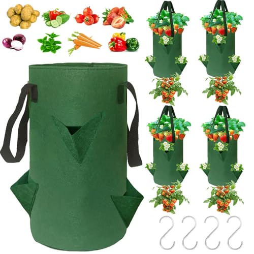 Lesimnky 4Pack Upside Down Strawberry Planter 3 Gallon Hanging Grow Bags for Tomato Vegetables 6 Planting Holes with 4 HooksUpside Down Strawberry Plant Hanger Vegetable Planting Bags for House Dark Green - Image 1