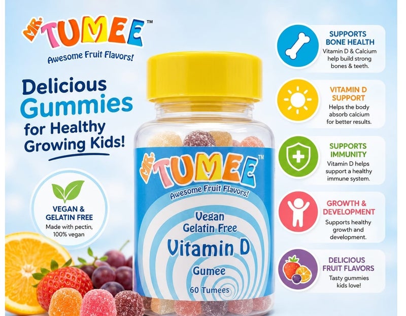 MR.TUMEE Mr. TUMEE Vitamin D Gummies for Kids – Vegan, Gelatin-Free, Fruit Flavor, 60 Gummies - Image 1