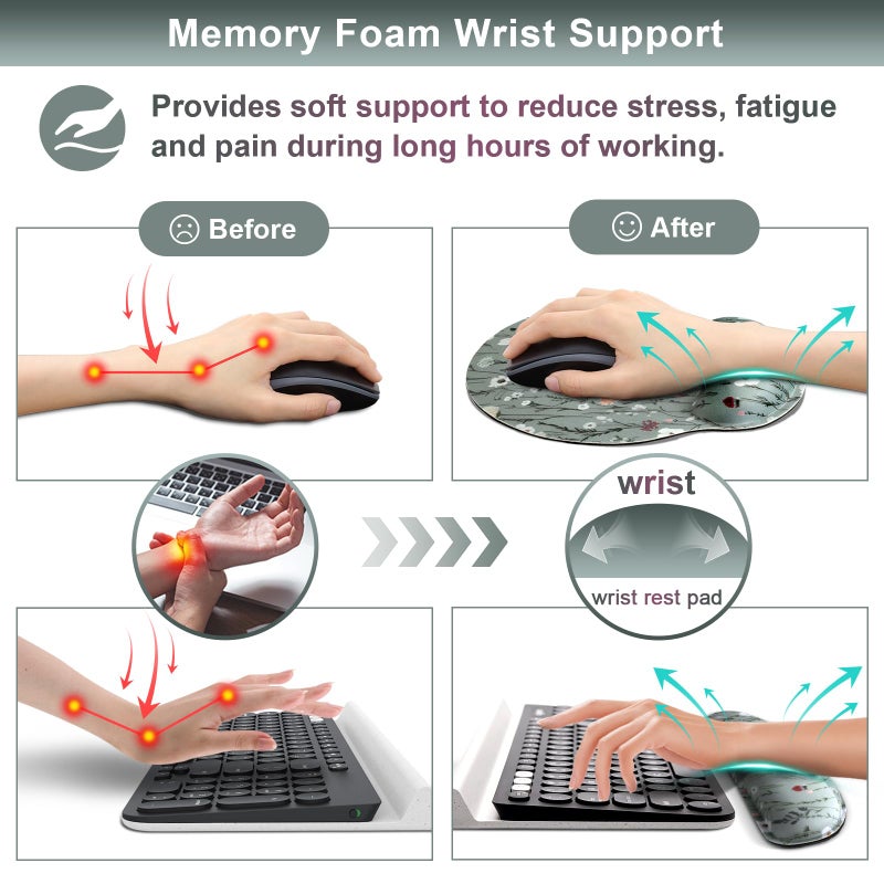 MOLNESO Green Floral Mouse Pad with Wrist Rest and Keyboard Wrist Set, Wildflower Ergonomic Memory Foam Mouse Pad Set for Women, Office, Typing, Gaming - Image 4