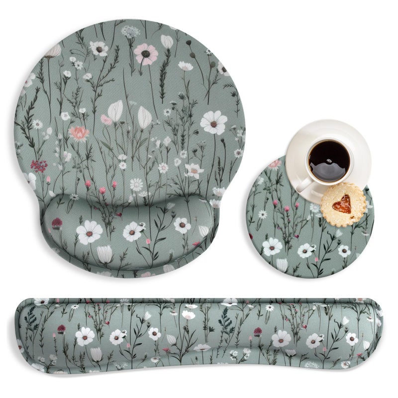 MOLNESO Green Floral Mouse Pad with Wrist Rest and Keyboard Wrist Set, Wildflower Ergonomic Memory Foam Mouse Pad Set for Women, Office, Typing, Gaming - Image 1