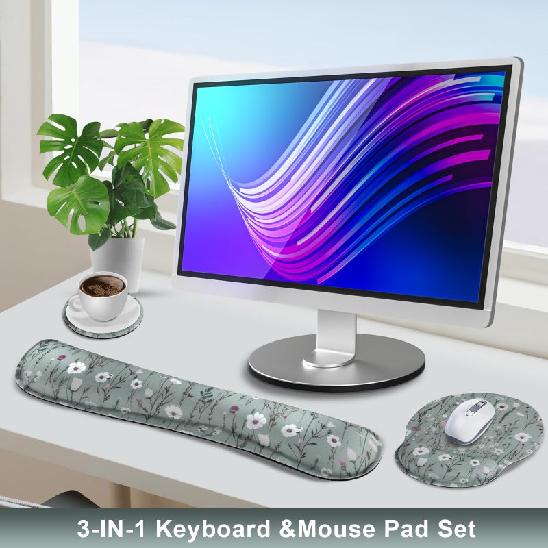 MOLNESO Green Floral Mouse Pad with Wrist Rest and Keyboard Wrist Set, Wildflower Ergonomic Memory Foam Mouse Pad Set for Women, Office, Typing, Gaming - Image 2