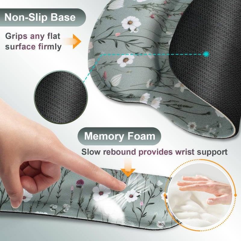 MOLNESO Green Floral Mouse Pad with Wrist Rest and Keyboard Wrist Set, Wildflower Ergonomic Memory Foam Mouse Pad Set for Women, Office, Typing, Gaming - Image 5