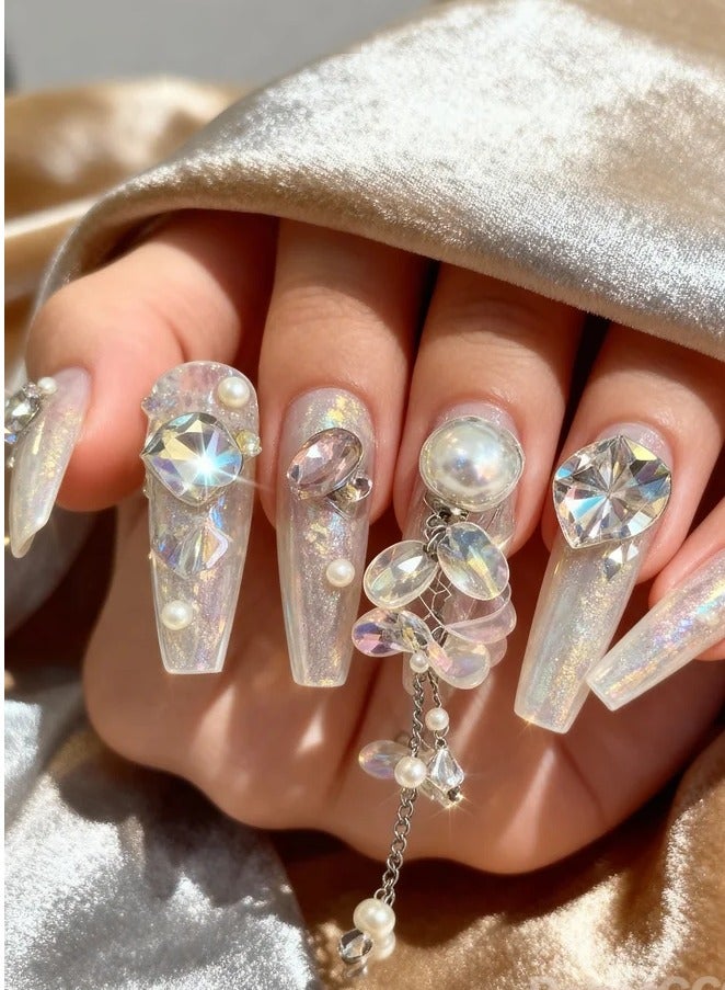 Orange Life High-Cut Crystal 3D Press-On Nails (10 Pcs) – Handcrafted Luxury Set with   Sparkling Stones, No-UV Instant Application, 8-Layer Medical-Grade Gel, Reusable Design, Velvet Magnetic Gift Box for Weddings, Parties & Travel - Image 1