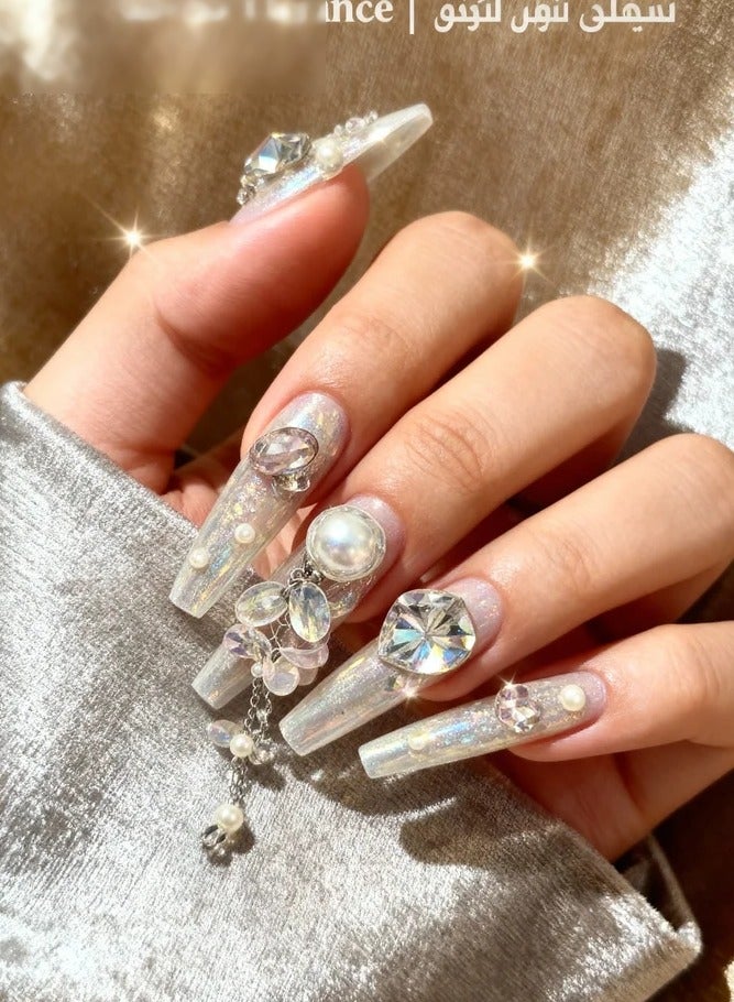 Orange Life High-Cut Crystal 3D Press-On Nails (10 Pcs) – Handcrafted Luxury Set with   Sparkling Stones, No-UV Instant Application, 8-Layer Medical-Grade Gel, Reusable Design, Velvet Magnetic Gift Box for Weddings, Parties & Travel - Image 2