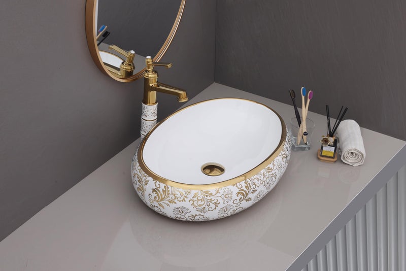 LUXART Oval Ceramic Vessel Sink, White with Gold Floral Pattern Art Design, 24x16x6 Inch Tabletop Wash Basin for Bathroom, Vanity & Hotel (Glossy) - Image 2