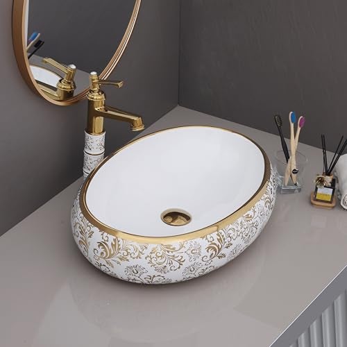 LUXART Oval Ceramic Vessel Sink, White with Gold Floral Pattern Art Design, 24x16x6 Inch Tabletop Wash Basin for Bathroom, Vanity & Hotel (Glossy) - Image 1