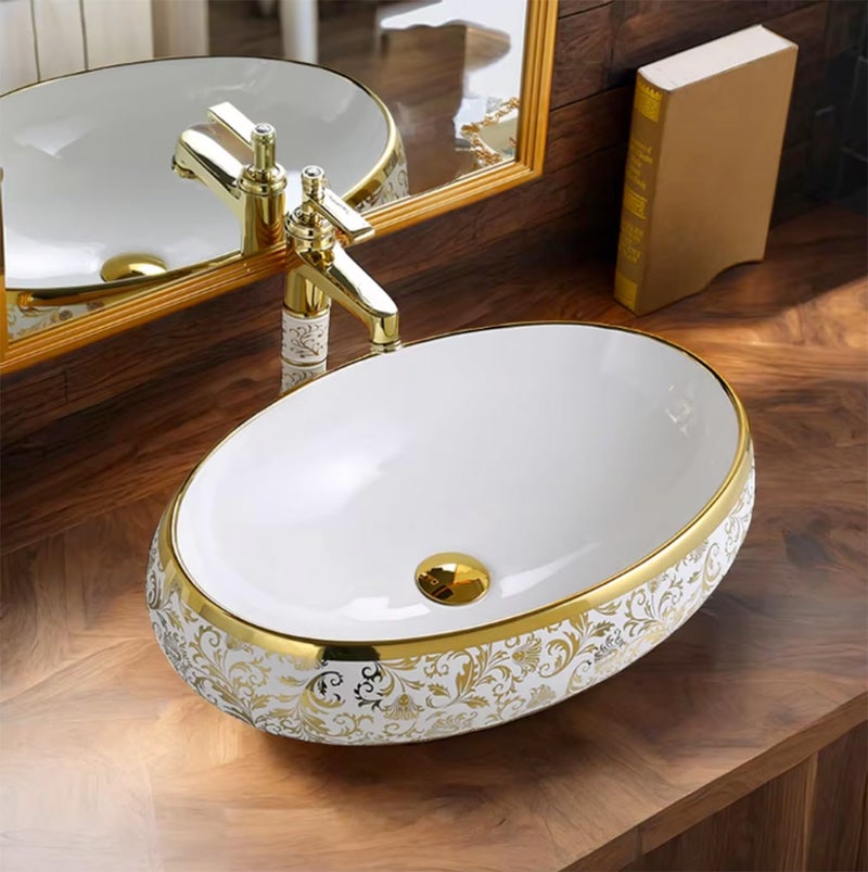 LUXART Oval Ceramic Vessel Sink, White with Gold Floral Pattern Art Design, 24x16x6 Inch Tabletop Wash Basin for Bathroom, Vanity & Hotel (Glossy) - Image 5