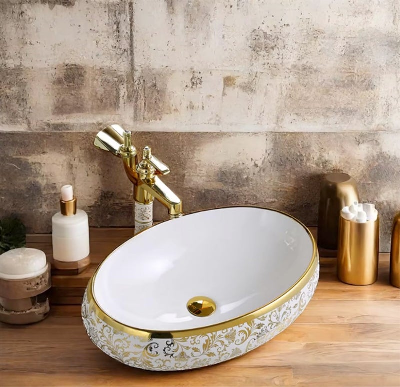 LUXART Oval Ceramic Vessel Sink, White with Gold Floral Pattern Art Design, 24x16x6 Inch Tabletop Wash Basin for Bathroom, Vanity & Hotel (Glossy) - Image 4