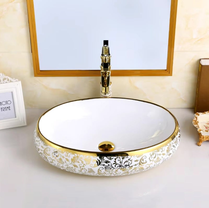 LUXART Oval Ceramic Vessel Sink, White with Gold Floral Pattern Art Design, 24x16x6 Inch Tabletop Wash Basin for Bathroom, Vanity & Hotel (Glossy) - Image 3