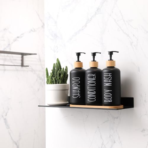 MOMEEMO Black Shower Soap Dispenser Set, Contains 3 Extra-Thick PET Plastic Bottles with Bamboo Pumps, Shampoo Bottles Refillable with Pump Perfect for Guest Room Must Haves. (Black) - Image 2