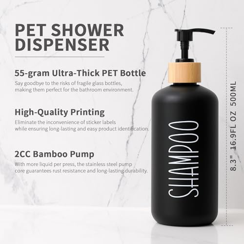 MOMEEMO Black Shower Soap Dispenser Set, Contains 3 Extra-Thick PET Plastic Bottles with Bamboo Pumps, Shampoo Bottles Refillable with Pump Perfect for Guest Room Must Haves. (Black) - Image 3