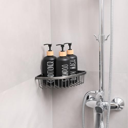 MOMEEMO Black Shower Soap Dispenser Set, Contains 3 Extra-Thick PET Plastic Bottles with Bamboo Pumps, Shampoo Bottles Refillable with Pump Perfect for Guest Room Must Haves. (Black) - Image 5