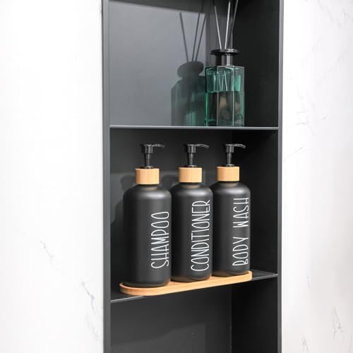 MOMEEMO Black Shower Soap Dispenser Set, Contains 3 Extra-Thick PET Plastic Bottles with Bamboo Pumps, Shampoo Bottles Refillable with Pump Perfect for Guest Room Must Haves. (Black) - Image 4