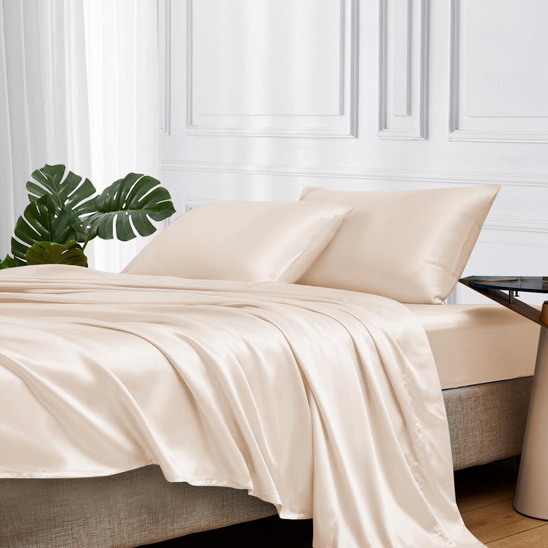 MRHM Satin Bed Sheets Queen Size Sheets Set 4 Pcs Silky Bedding Set with 15 Inches Deep Pocket for Mattress Queen Beige