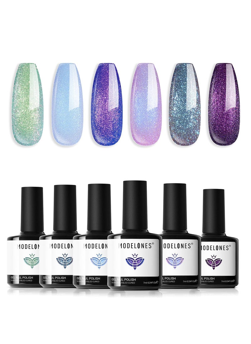 modelones - modelones Chameleon Gel Nail Polish Set- 6 Colors Aurora Shimmer Glitter Gel Polish Kit Blue Green Purple Nail Gel Polish All Seasons Soak Off LED Nail Lamp Nail Art Gel Kit DIY Salon Gift for Women - Image 1