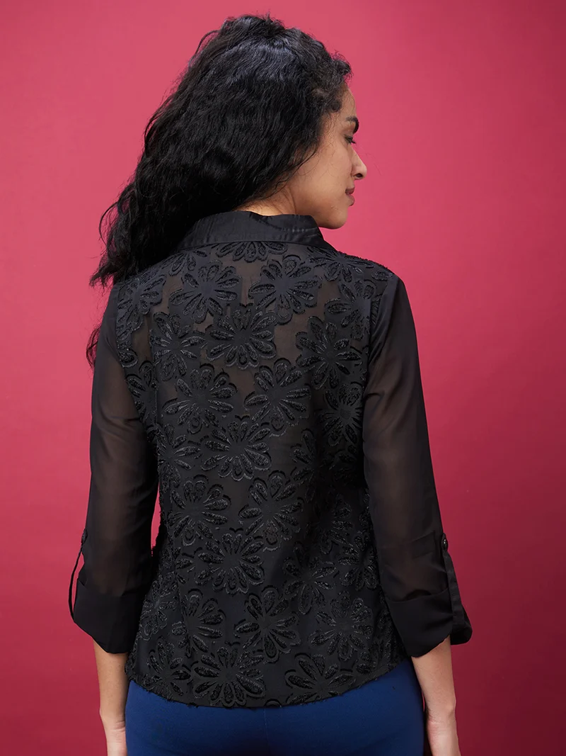 globus Women Shirt Collar Floral Self Design Lace Semi Sheer Top