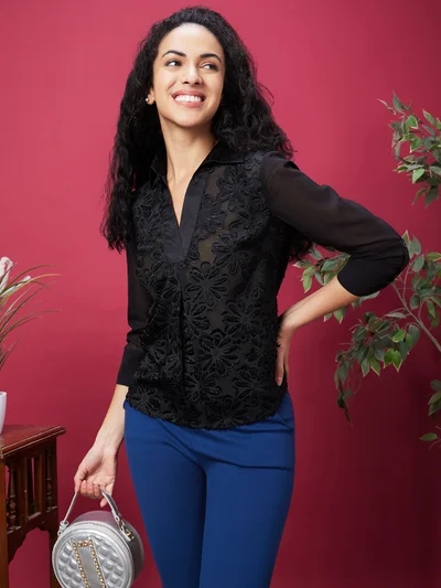 globus Globus Women Shirt Collar Floral Self Design Lace Semi Sheer Top