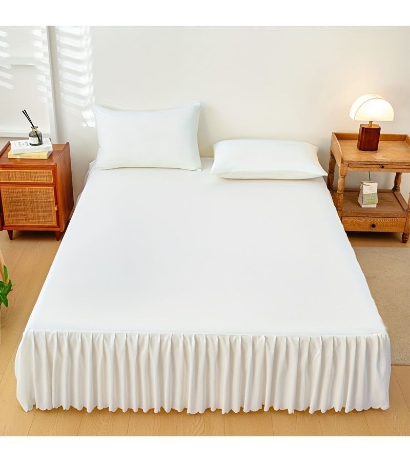 1pc Cream White Solid Color Elastic Lace Bedspread Breathable Non Slip Dust Proof Machine Washable Universal All Seasons Hotel Grade Mattress Protector Full Size 53.94x74.8 Inch Bedroom Guest Room Decoration - Image 1