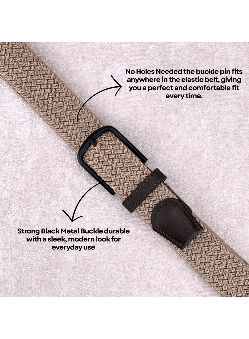 Classic Milano Beige (DWE-317) Classic Milano Braided Cotton Elastic Stretch Belt for Men & Women, Woven Canvas Web Belt with Gift Box, Adjustable Men's Belt | Full Length: 110CM (Free Size - Fits up to the waist of 40 Inches / 100 CM)  | Best Price UAE