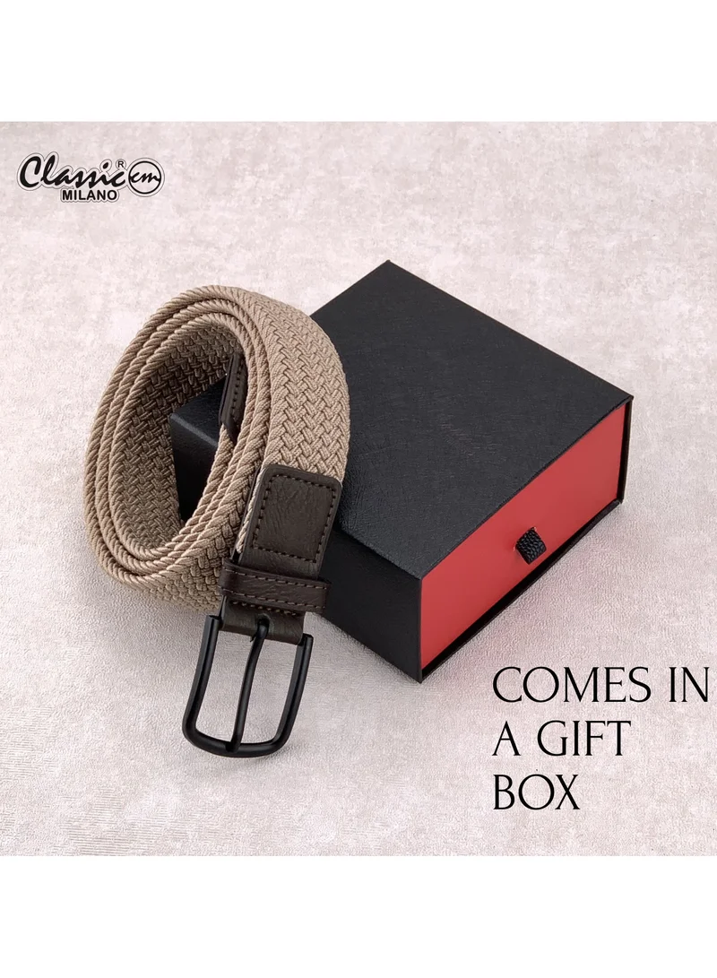 Classic Milano Beige (DWE-317) Classic Milano Braided Cotton Elastic Stretch Belt for Men & Women, Woven Canvas Web Belt with Gift Box, Adjustable Men's Belt | Full Length: 110CM (Free Size - Fits up to the waist of 40 Inches / 100 CM)  | Best Price UAE