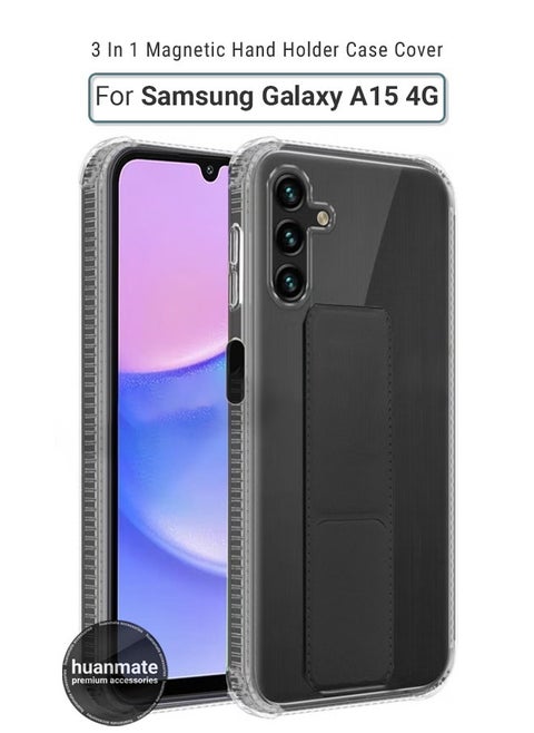 Samsung Galaxy A15 4G Magnetic Case With Hand Grip Holder & Kickstand - Strong Grip for Magnetic Car Holder, Stylish & Functional, Ultimate Convenience & Hands-Free Viewing - Clear/Black