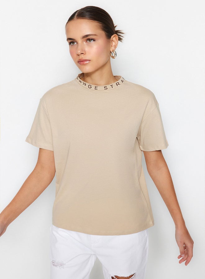 trendyol Stone 100% Cotton Slogan Printed Basic Stand Up Collar Knitted T-Shirt TWOAW20TS0099 - Image 3