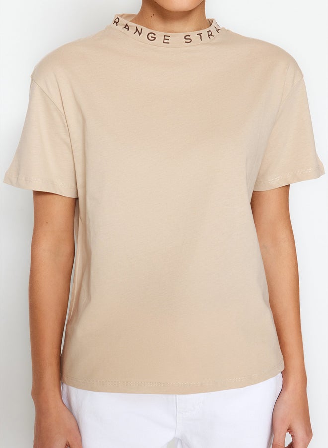 trendyol Stone 100% Cotton Slogan Printed Basic Stand Up Collar Knitted T-Shirt TWOAW20TS0099 - Image 4
