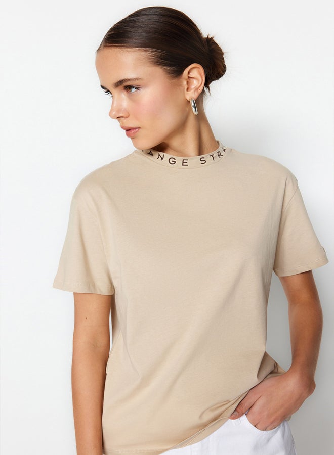 trendyol Stone 100% Cotton Slogan Printed Basic Stand Up Collar Knitted T-Shirt TWOAW20TS0099 - Image 1