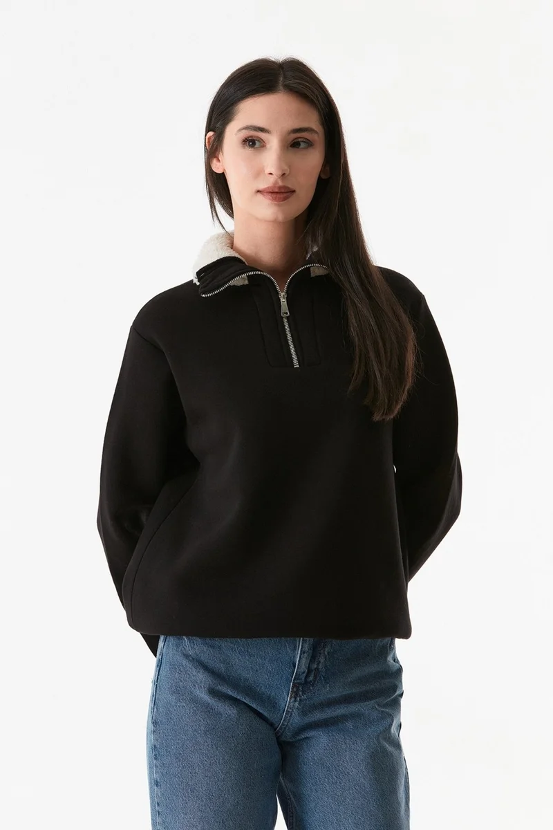 فولامودا Basic Sweatshirt with Plush Collar and Waist Stopper