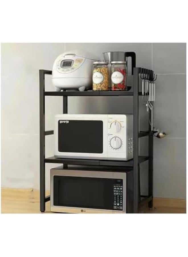 هوكور حامل ميكروويف اسود من 3 طبقات، رف ميكروويف، حامل ميكروويف صغير، حامل ميكروويف، رف ميكروويف قابل للتوسيع، حامل ميكروويف مع مساحة تخزين، حامل ميكروويف مع خزانة تخزين، صلب كربون - Image 1