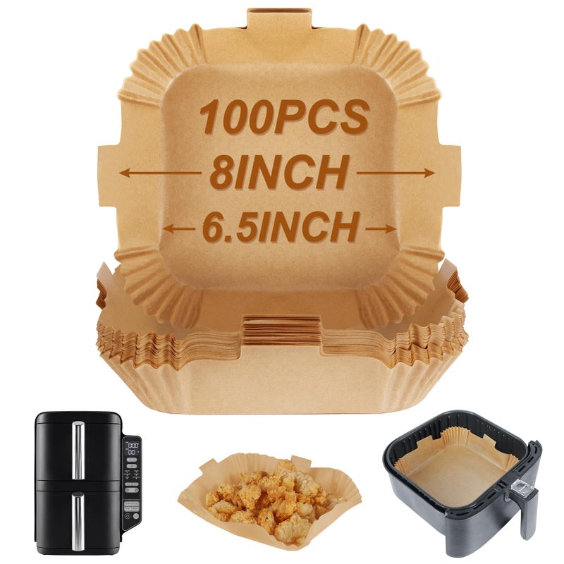 BYKITCHEN 100pcs Air Fryer Parchment Paper Liner Square Air Fryer Liners Disposable Greaseproof Paper for Air Fryer Compatible with COSORI Ninja Double Stack SL300UK Tower Unbleached