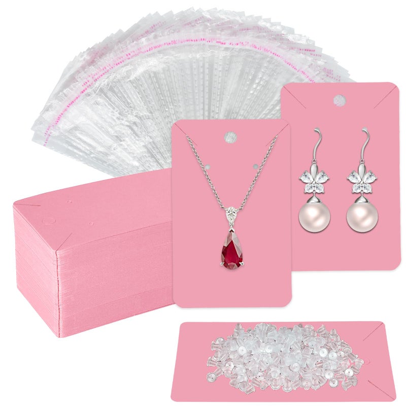 Twavang Pink Earring Display Cards with 100Pcs Earring Holder Cards, 200 Pcs Ear Backs and 100Pcs Jewelry Packaging Bags for Necklace Jewelry Display (3.5" x 2.3" Inches) - Image 1