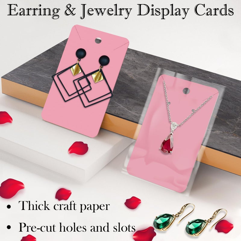 Twavang Pink Earring Display Cards with 100Pcs Earring Holder Cards, 200 Pcs Ear Backs and 100Pcs Jewelry Packaging Bags for Necklace Jewelry Display (3.5" x 2.3" Inches) - Image 4