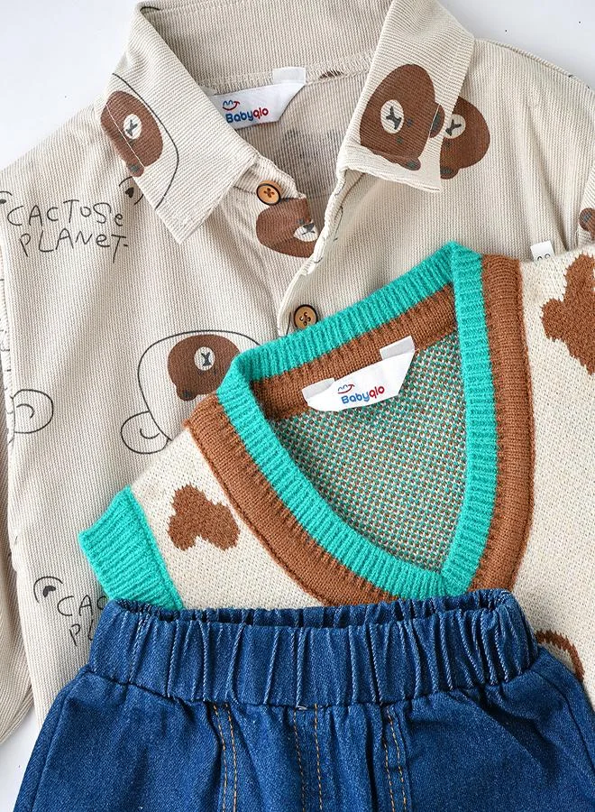 بيبي كلو Teddy Bear Sweater Vest Shirt Pant 3 piece Set for Boys