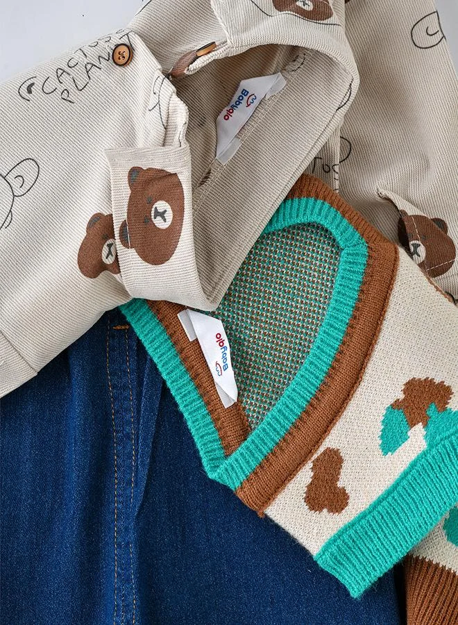 بيبي كلو Teddy Bear Sweater Vest Shirt Pant 3 piece Set for Boys