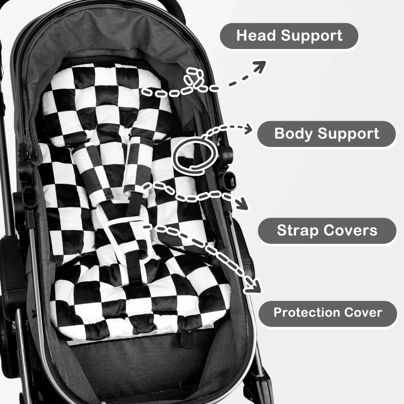 DILIMI Infant Car Seat Insert, Baby Car Seat Head Support with 3 Strap Paddings, Soft Newborn Car Seat Cushion for Stroller, Swing, Bouncers, Black Checkered - Image 5