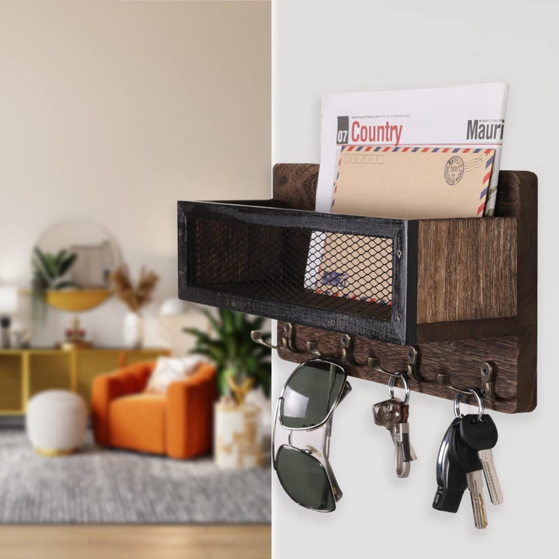 ADIIL Mail and Key Holder for Wall Decorative, Wooden Wall Mount Key Rack Hanger Organizer with 4 Double Key Hooks, Rustic Home Decor for Entryway Hallway, Brown - Image 2