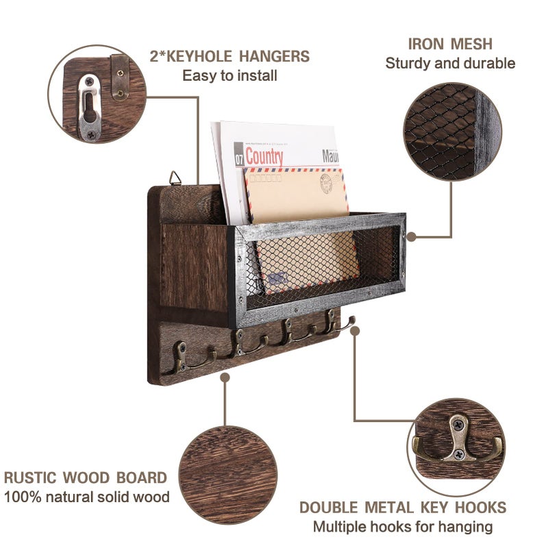 ADIIL Mail and Key Holder for Wall Decorative, Wooden Wall Mount Key Rack Hanger Organizer with 4 Double Key Hooks, Rustic Home Decor for Entryway Hallway, Brown - Image 4