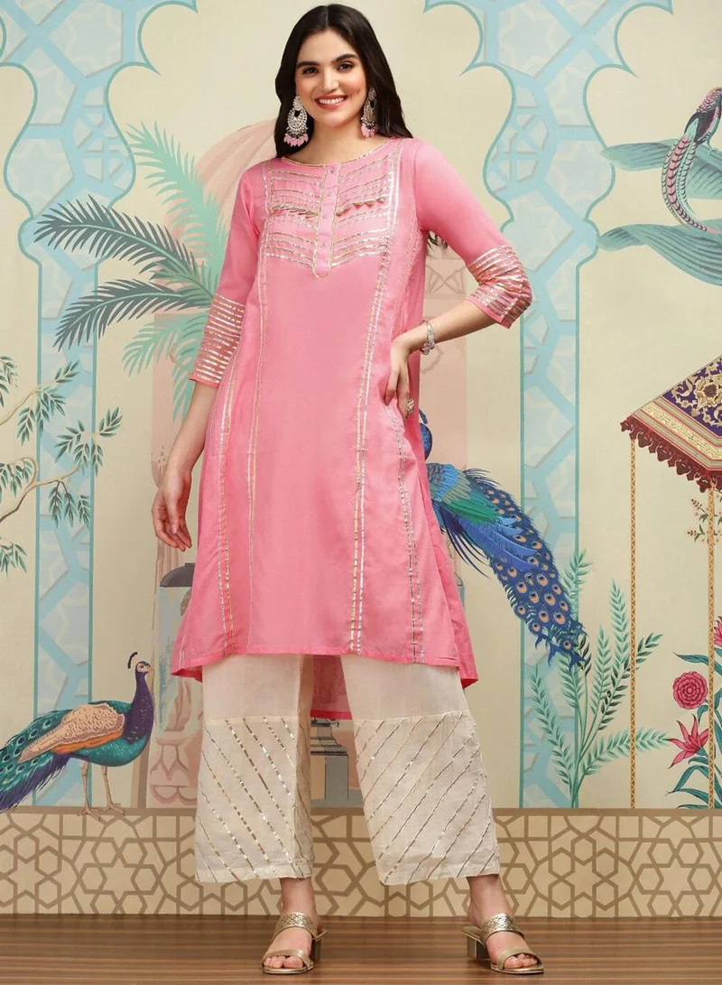 ISHIN Women's Peach 100% Cotton Printed Tunic Full Length Palazzo Regular Fit Kurta Set