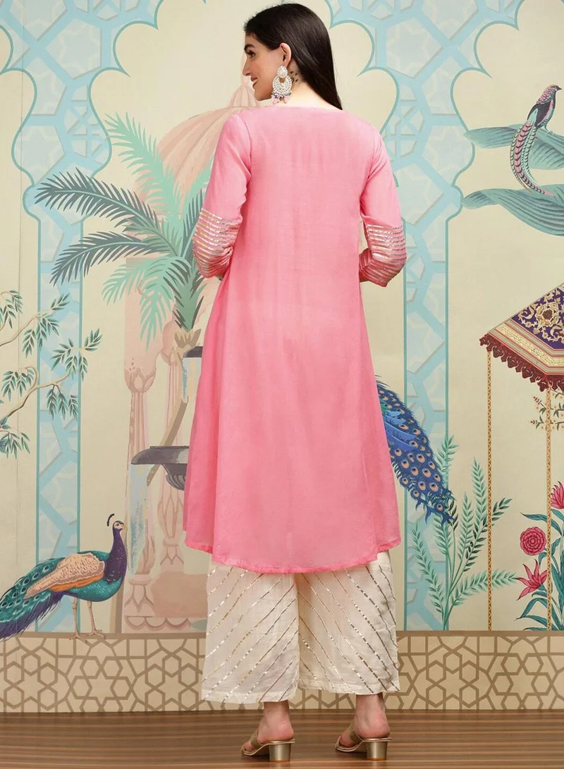 ISHIN Women's Peach 100% Cotton Printed Tunic Full Length Palazzo Regular Fit Kurta Set