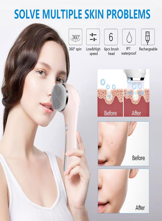 فرشاة تنظيف الوجه، 2 في 1، مقاومة للماء بمعيار IPx7، مجموعة فرشاة دوارة للوجه مع 4 رؤوس فرشاة، فرشاة تقشير قابلة لإعادة الشحن لتنظيف عميق، تقشير لطيف وإزالة الرؤوس السوداء واللون الوردي - Image 4