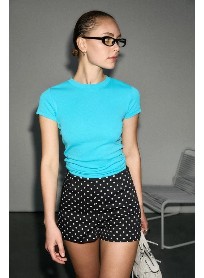 Grimelange HOPEWELL Women's Round Neck Knit Slim Fit Turquoise T-Shirt.