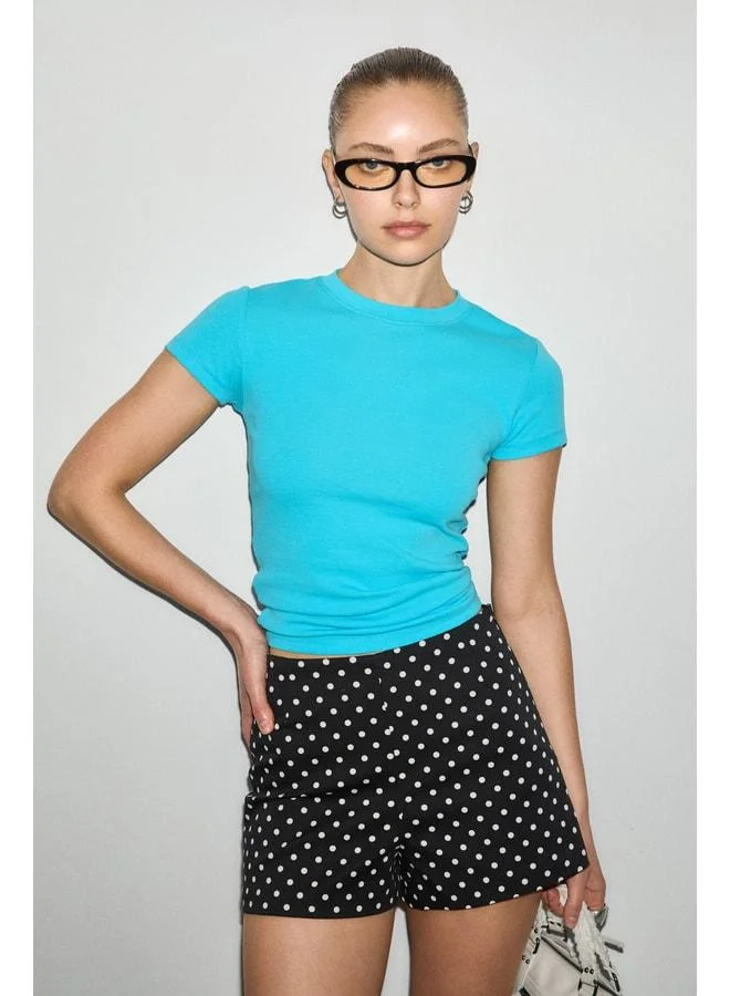 Grimelange HOPEWELL Women's Round Neck Knit Slim Fit Turquoise T-Shirt.