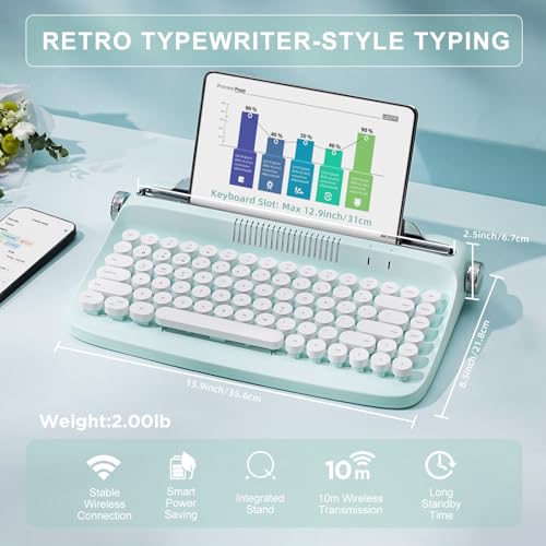YUNZII ACTTO B303 Wireless Typewriter Keyboard Bluetooth Connection Cute Retro Aesthetic Design with Integrated Stand for Tablet Phone PC and WinMacAndroid B303 Sweet Mint - Image 3