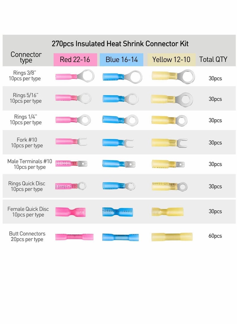 واي آند دي Heat Shrink Wire connector, Waterproof Marine Automotive Connector, Assortment Rings Fork Hook Spade  Splices 270 PCS  - Image 3
